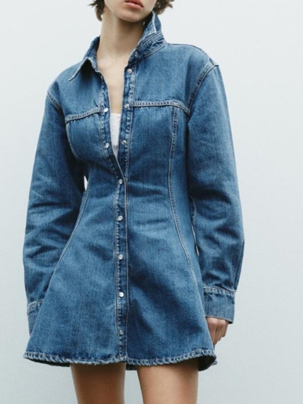 ZARA Western Pearl Snap Denim Fit & Flare Long Sleeve Mini Dress Women's size XS
